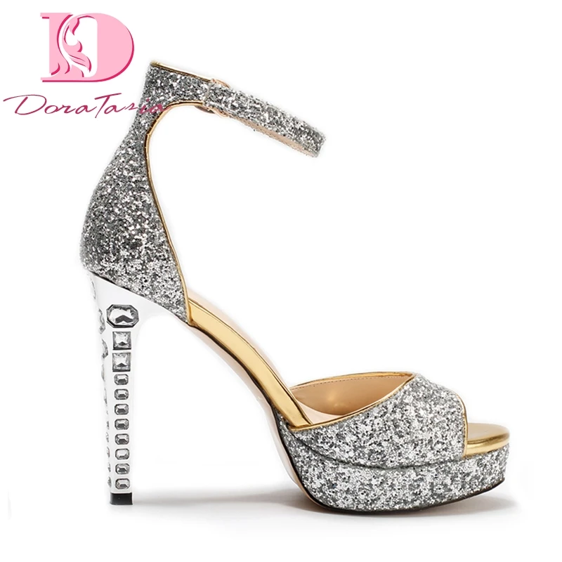 

Doratasia 2019 Ins plus size 34 sexy high heels women's Shoes party ankle-strap sandals woman summer bling crystals stiletto