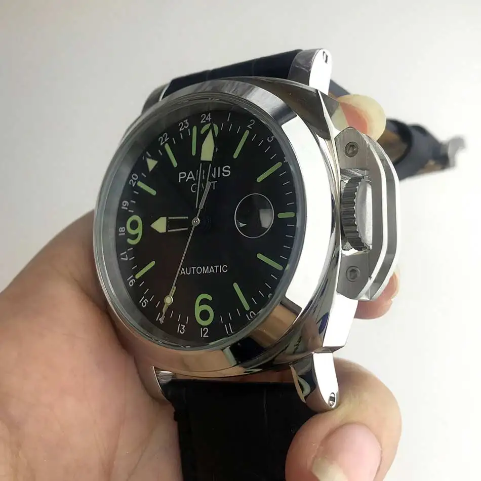 44 мм Parnis GMT механические часы с автоматическим механизмом 316L матовый нержавеющий светящиеся стрелки стальной Чехол кожаный браслет 950-1