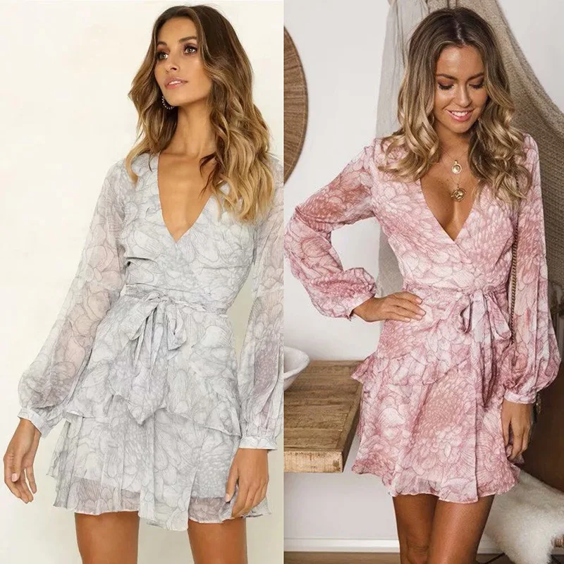 

Vintage Print Summer Dresses Female Elegant Party Short Dress Bow Sexy Ruffles Chiffon Dress Women