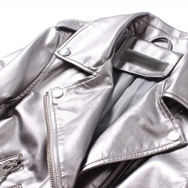 Very best  OLGITUM New 2019 Autumn Style Silver Female PU Washed Motorcycle leather belt Leather Jacket White 