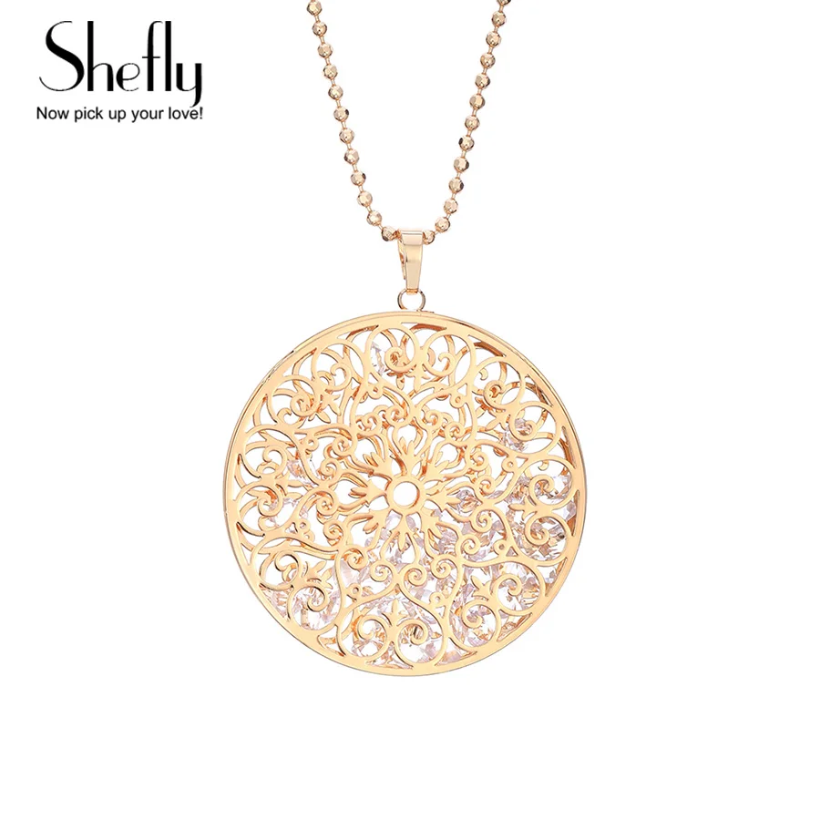 

Silver Gold Round Pendant Long Necklace Sweater Chain Fashion Jewelry Geometric Flower Hollow Necklace For Women Gift 2019 New