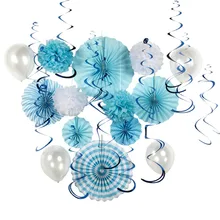 Birthday Party Baby Shower Decoration Set for Boy& Girl Hanging Swirl Tissue Paper Fans Pom Pom Flower Balloon
