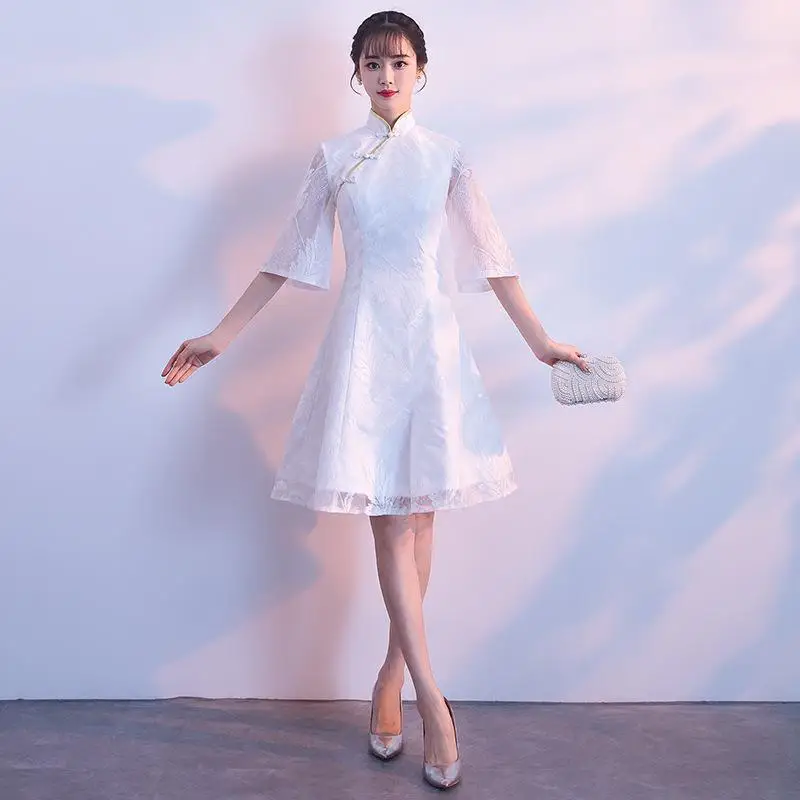 Белое цветочное свадебное платье для женщин Qipao китайское винтажное атласное платье на пуговицах Vestidose летнее Новое ТРАПЕЦИЕВИДНОЕ ПЛАТЬЕ большого размера 3XL Cheongsam - Цвет: White3