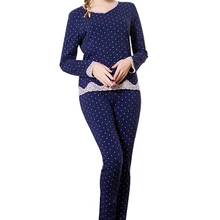 Для женщин Повседневное одежда с длинным рукавом Домашняя одежда кружева в горошек домашняя пижама Модные осенние хлопковые пижамы