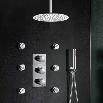 

Bathroom Rainfall Shower Head12" Rainfall Head Thermostatic Shower Mixer Valve Body Spa Jets Ceiling Rain Handheld Shower Set