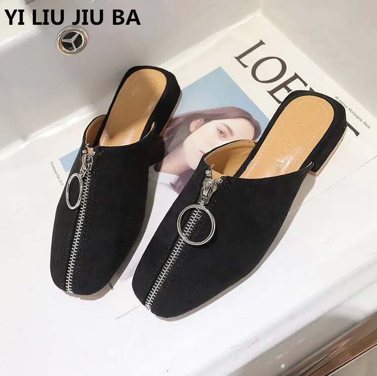 

2019 fashion Woman low Heel Slippers Shallow Ladies zipper Slides Sandals round Toe flip flops Shoes women Plus size 35-39 **424