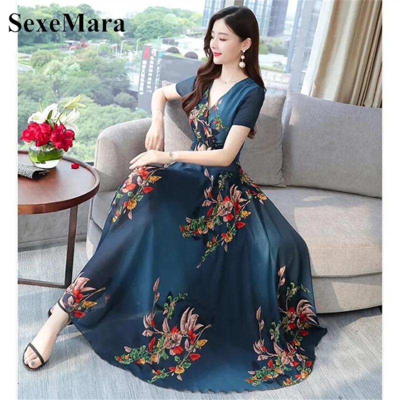 

Chiffon Dress Korean Version Of The V-Neck Short Sleeve Fashion Print Ladies Long Section High Waist Holiday Beach Sundress