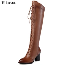 Elissara зимние сапоги женские сапоги до колена на высоком каблуке Для женщин Пояса из натуральной кожи+ pu на молнии мотоботы женские туфли на шнуровке