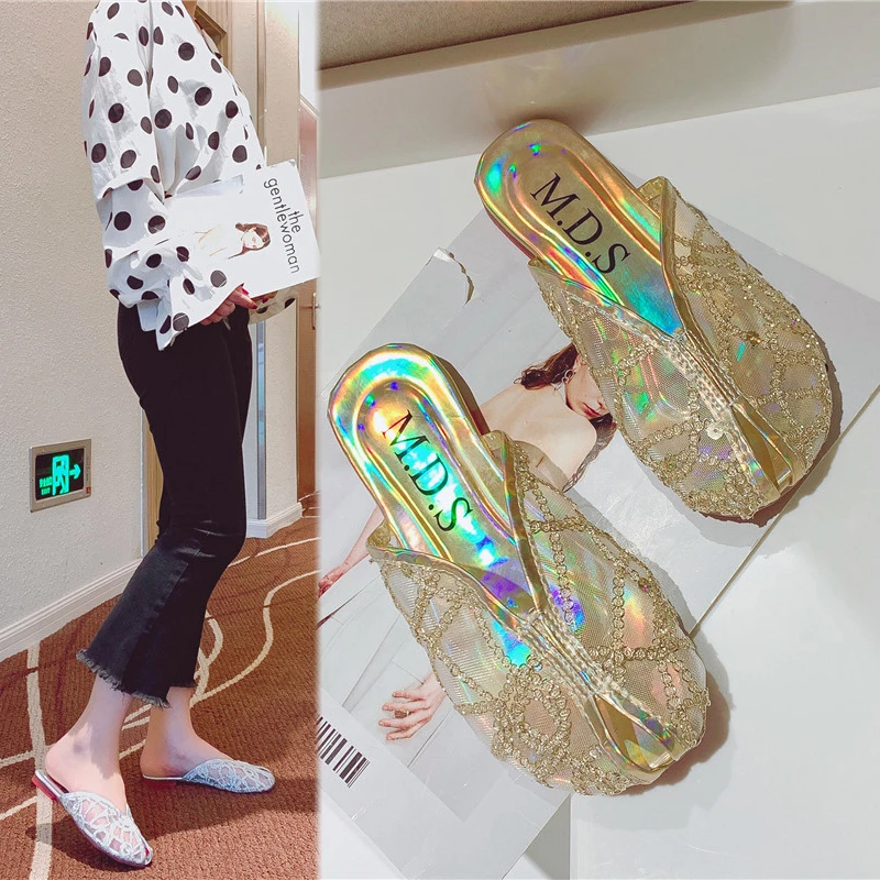 

luxury Women flats slides Summer Slip On Fashion Mules Brand Shoes ladies mesh Hand Sewing beads Outdoor Slippers pantufa