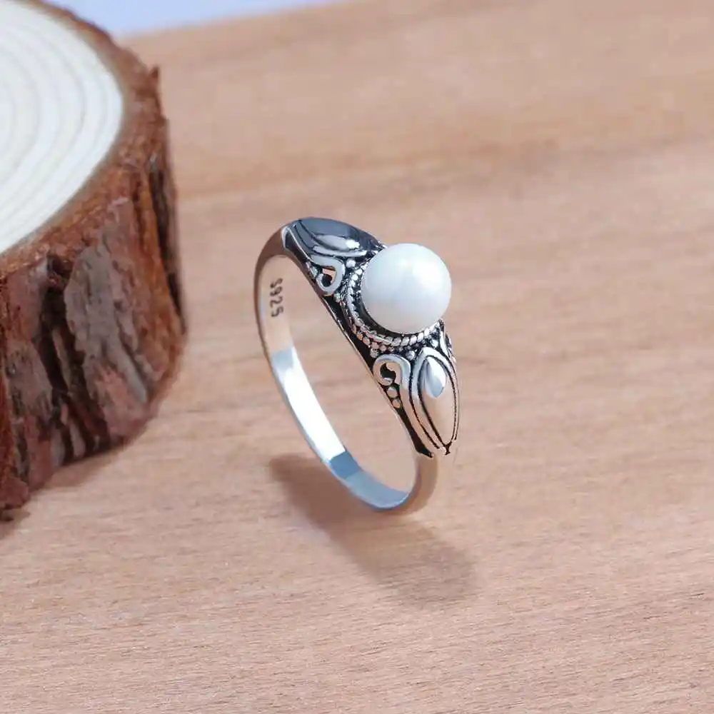 New Women Solid 925 Sterling Silver Rings Vintage Pattern with Simulated Pearl Jewelry Rings Gift For Girls JewelOra RI102755
