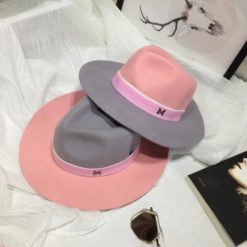 Элегантные зимние женские букву м шерсть Джаз Fedoras Hat розовый шляпа для женщин дамы большой полями ковбойской Панама Fedoras Hat