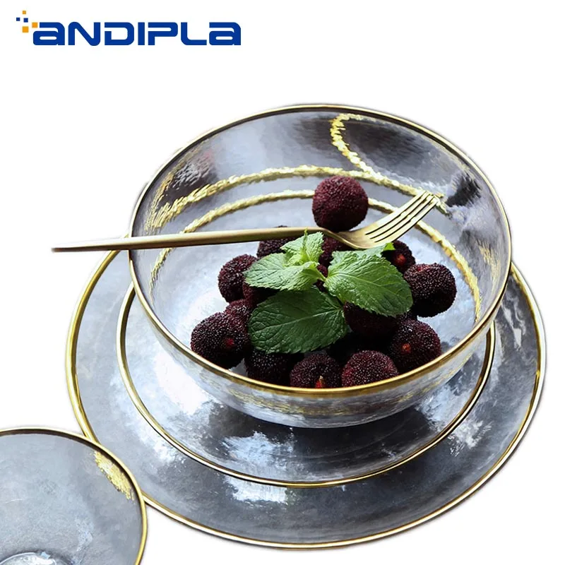 

Brief Elegant Transparent Glass Kitchen Tableware Steak Western Food Dish Dessert Plate Rice Soup Noodle Bowl Fruit Salad Bowls