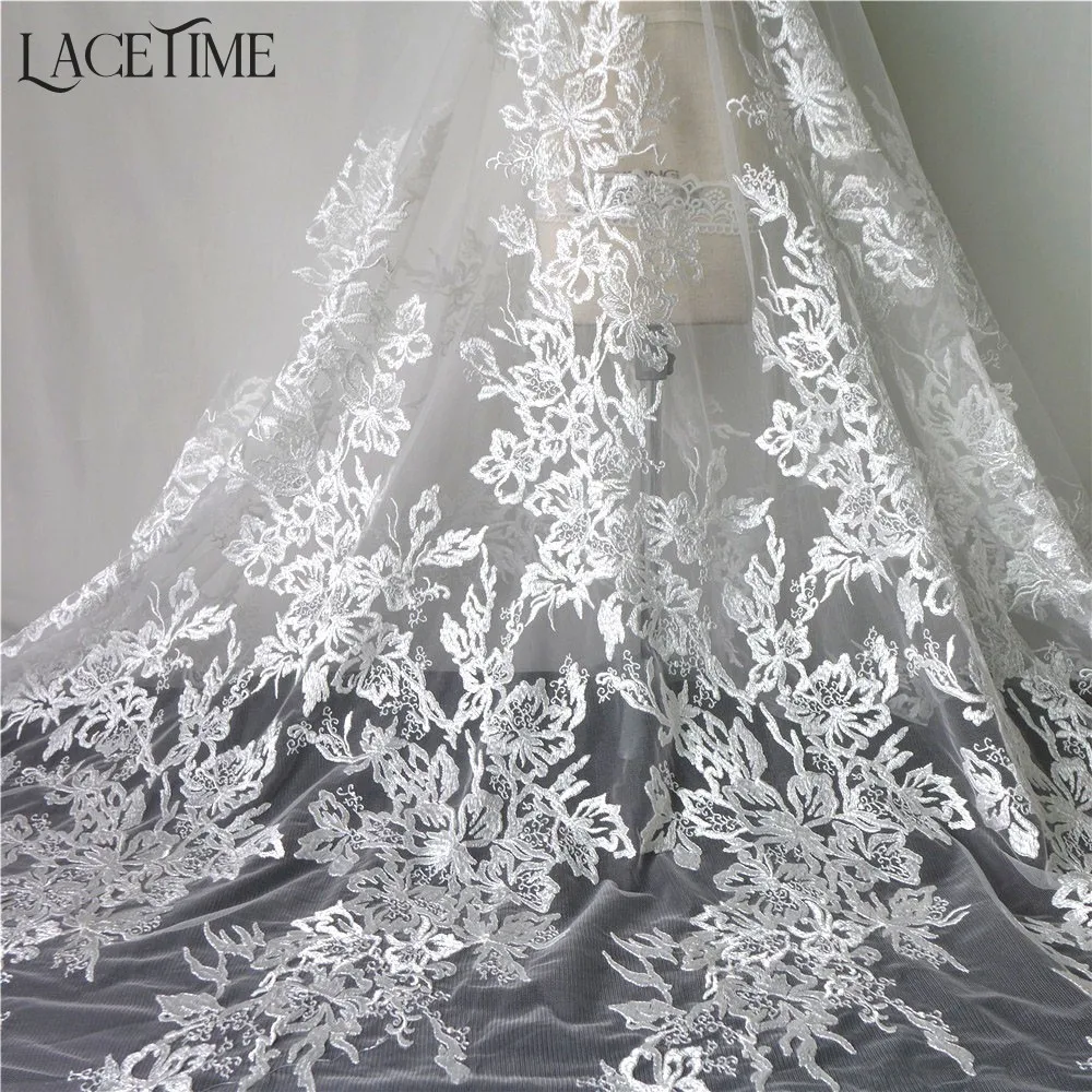 

Hot Sale 1 Yard Embroidery Flower Gauze Wedding Dress Big Lace Fabric Ivory White DIY Handmade Patchwork Sewing Supplies