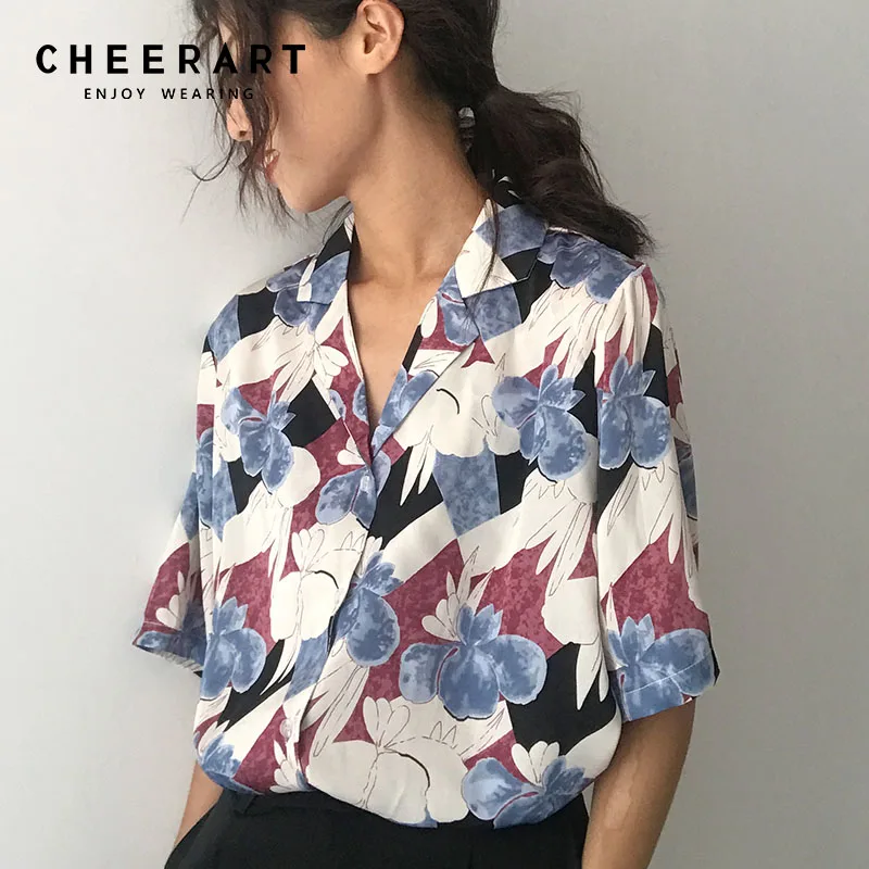 Cheerart Корейская блузка женская цветочная печать лацканы свободный летний топ на пуговицах шикарная блузка Femme