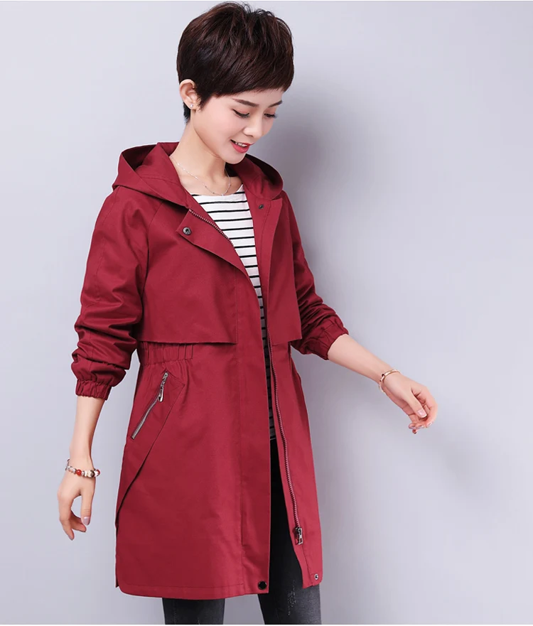 Длинные тренчи для женщин Весна Осень размера плюс свободная верхняя одежда пальто женские повседневные ветровки с капюшоном женские пальто с вышивкой - Цвет: Red dates