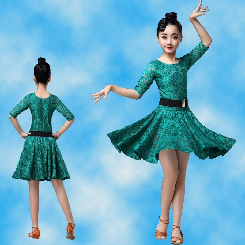 Lace Children Kids Latin Practice Dance Wear Dancewear Competition Dress Tango Flamengo Ballroom Salsa Rumba Cha Cha for Girls - Цвет: Зеленый