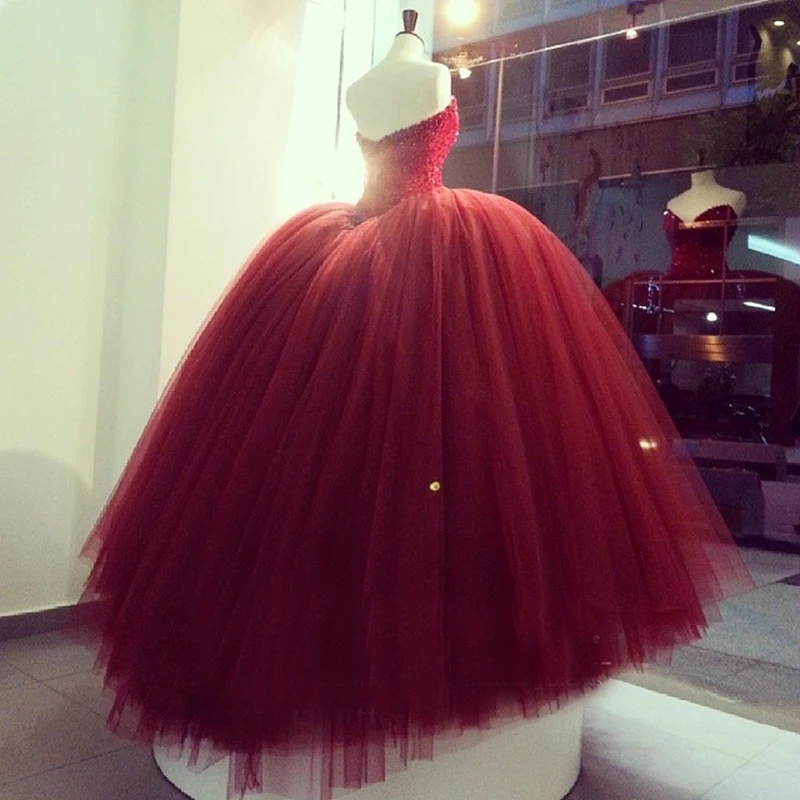 

Real Images Wedding Ball Gowns Deep Sweetheart Neck Major Beading Bodice Drop Waist Sweep Train Burgundy China Bridal Gowns