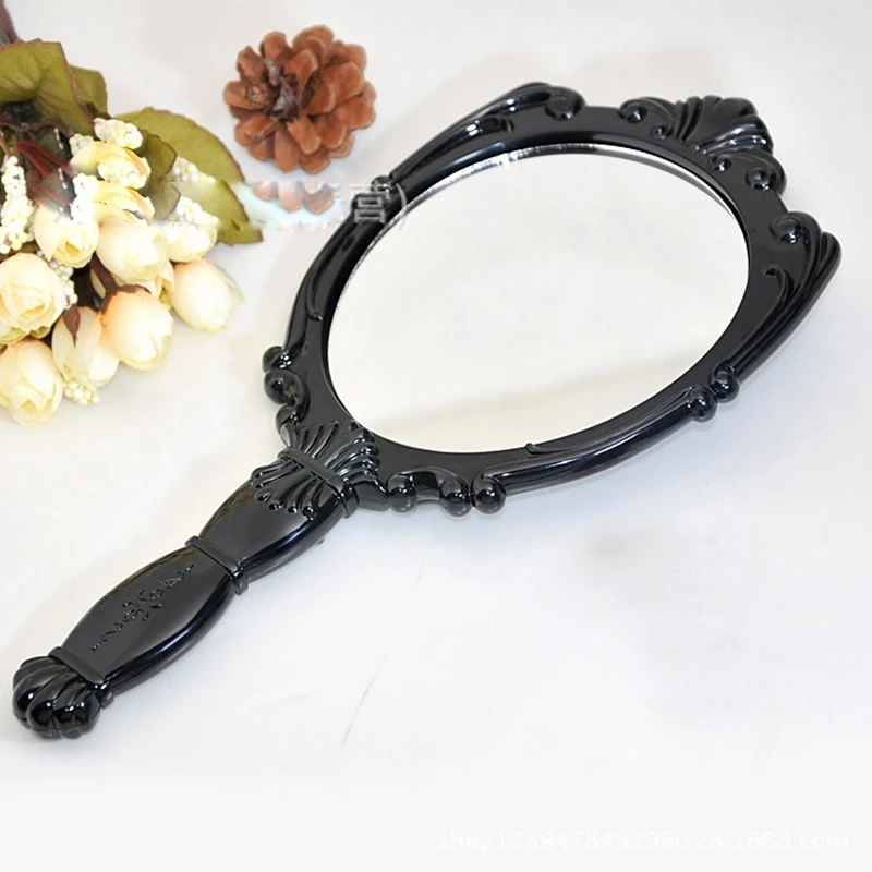 Handheld Cosmetic Mirror Black Acrylic Rose Engraving Classical Design