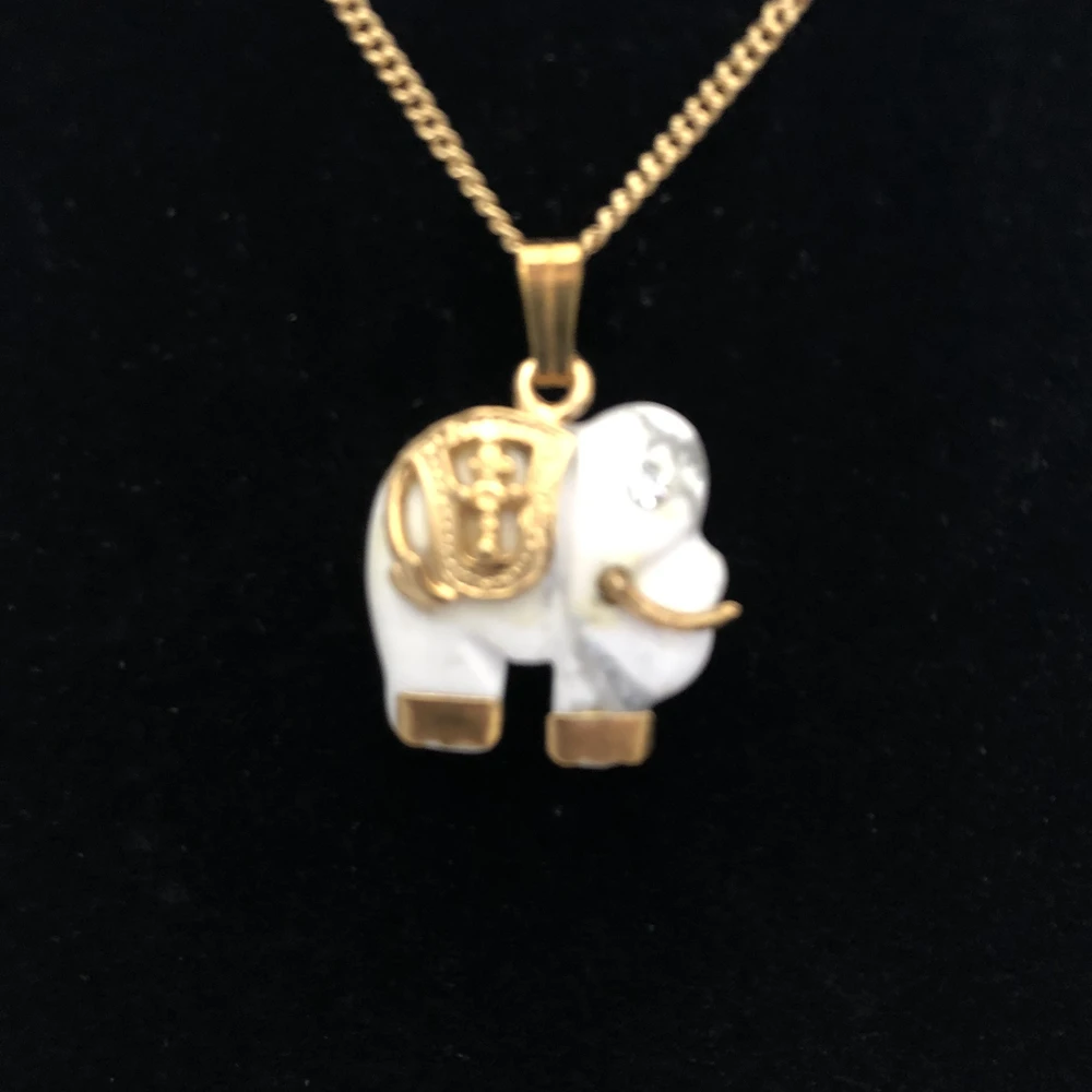 

21AE Natural Stone Animal Elephant Pendant Necklace Jewelry Gold Color Animal Pendant Necklace For Women and Girl