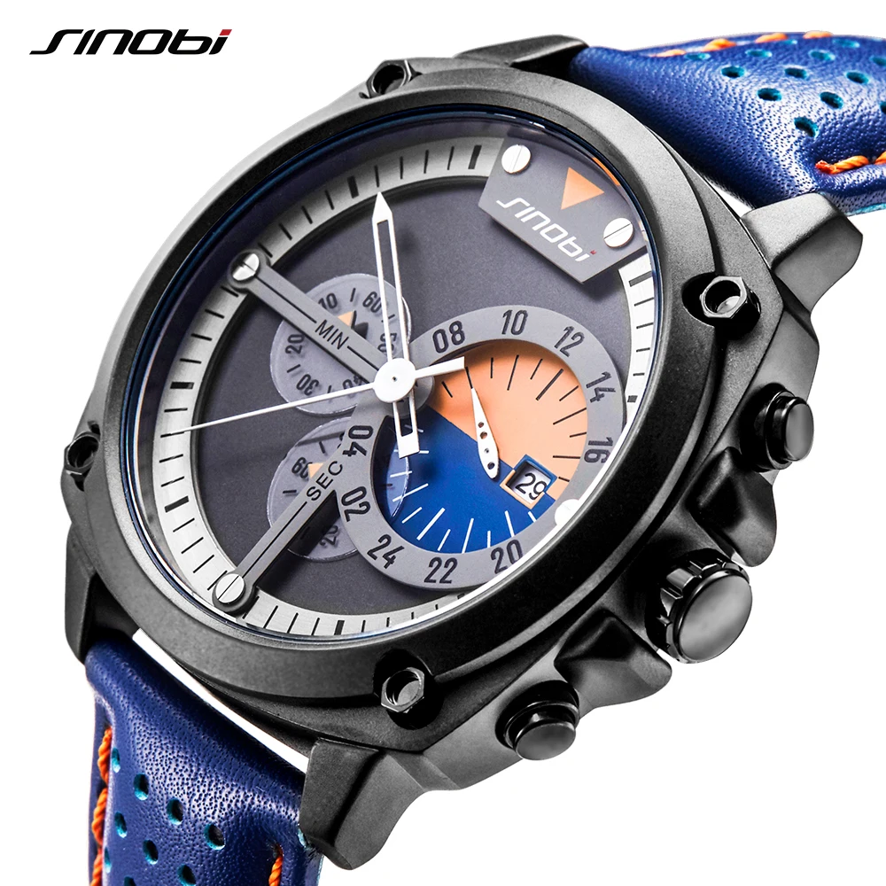 

SINOBI NEW Design Chronograph Mens Sports Wrist Watches Waterproof Leather Watchband Male Geneva Quartz Clock relogio masculino