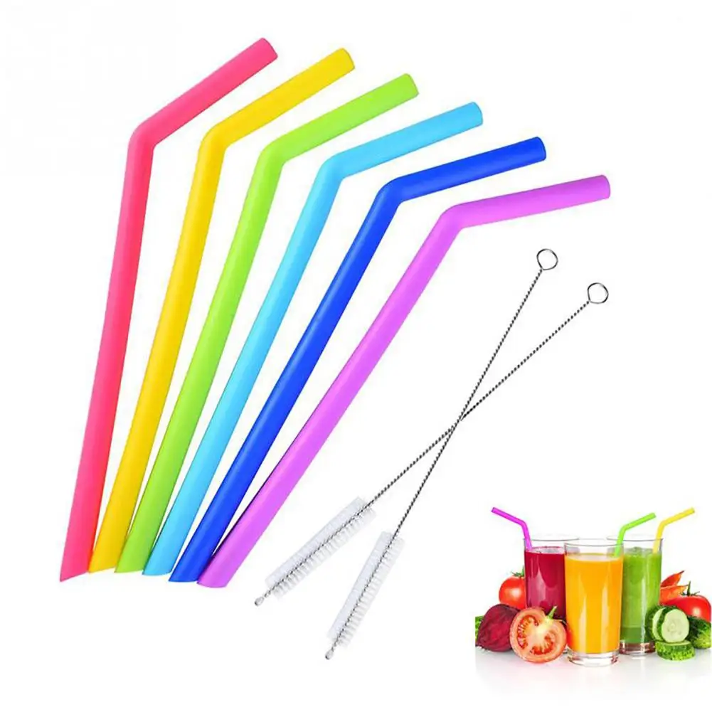

6Pcs Drinking Silicone Straws Set with Brushes Reusable Washable Bent Supply Hot