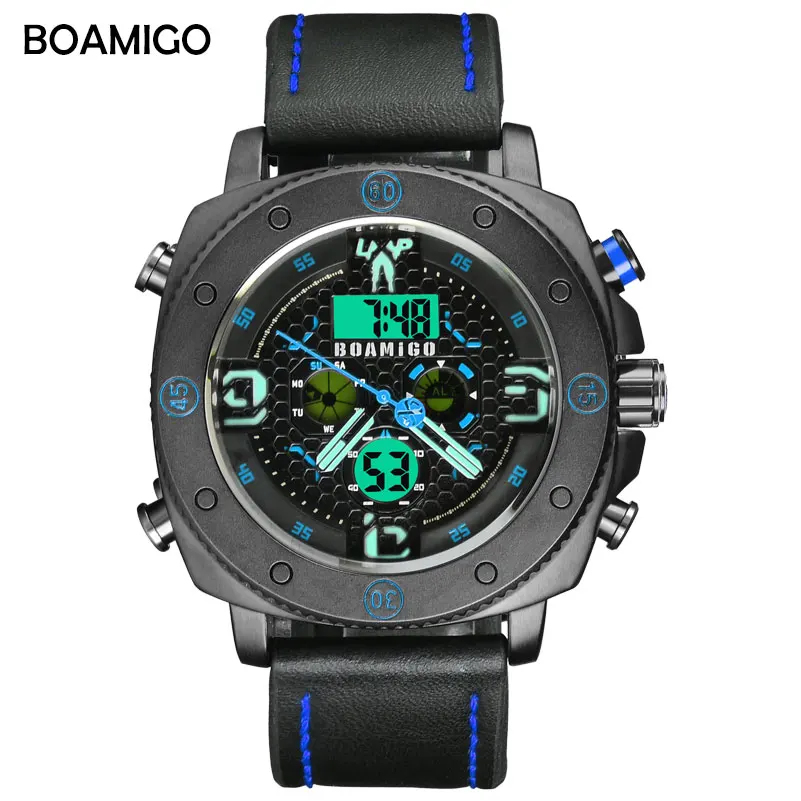 

BOAMIGO Brand Men Watch Leather Sport Fashion Luxury LED Digital Quartz Wrist Watches Waterproof Clock relogio masculino