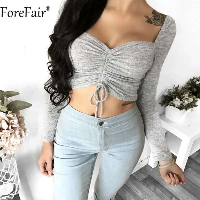 ForeFair, сексуальный бодикон, длинный рукав, короткий топ, для женщин, осень, женская, шнуровка, шнурок, без бретелек, зимняя женская рубашка - Цвет: Серый