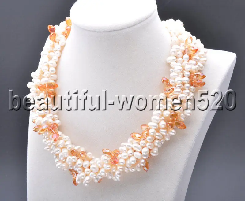 

Z7582 6Strands White Rice Freshwater Pearl drip Faceted crystal Necklace 18inch