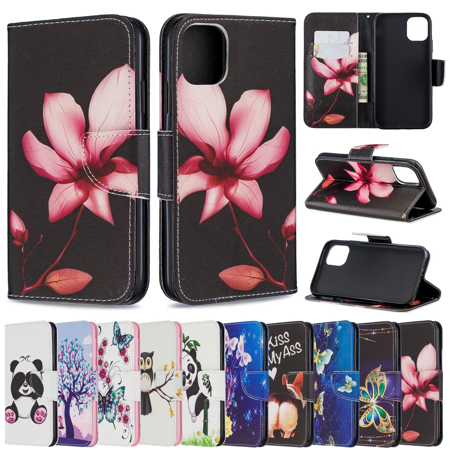 

Wallet Phone Cases For iPhone 5 S Leather Cover Cute Case for iPhone 6 6s 7 8 Plus Butterfly Panda for Coque iPhone Fundas Shell