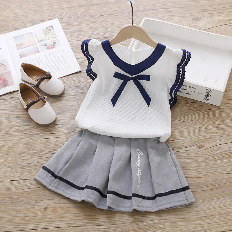 

Preppy Style Kids Girls Clothes Set Summer Butterfly Sleeve O-Neck Bowknot Print Cotton Vest+Draped Skirt Girl Party Outfit Suit