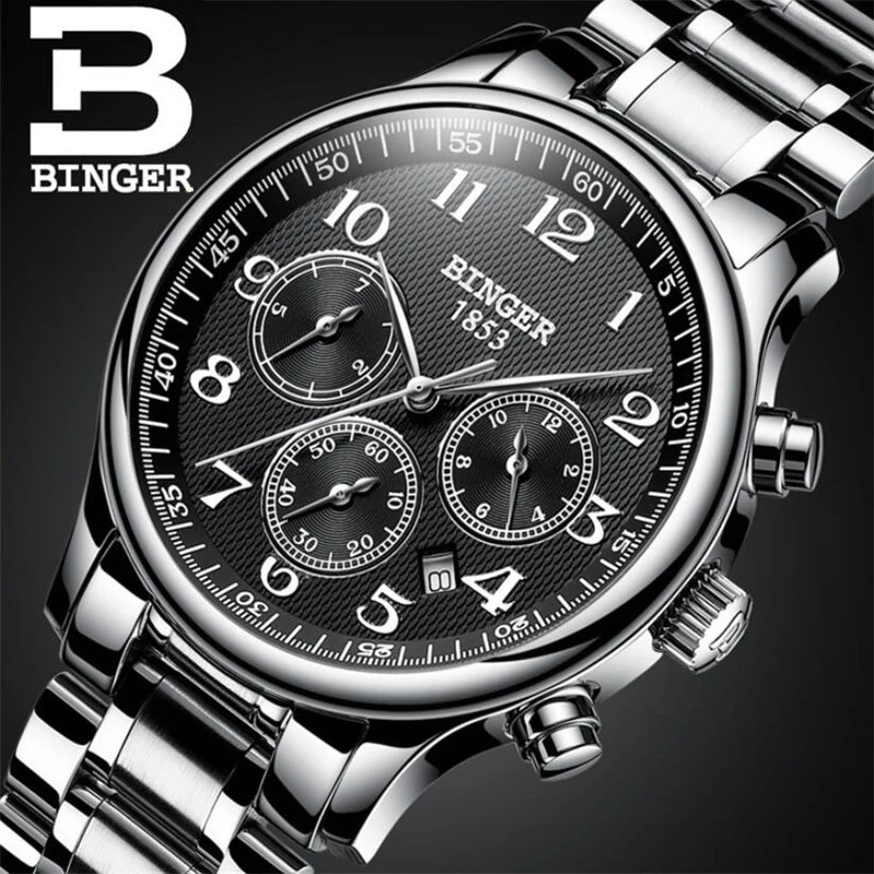 Швейцарские BINGER механические часы для мужчин s лучший бренд класса люкс нержавеющая сталь шесть игл три небольших циферблата автоматические часы для мужчин