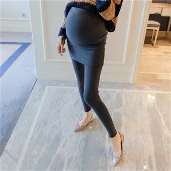

Maternity Women Spring Full Length Elastic Waist Faux 2 PCS Pantskirts Fashion Pregnant Belly Care Cotton Slim Leg Trousers