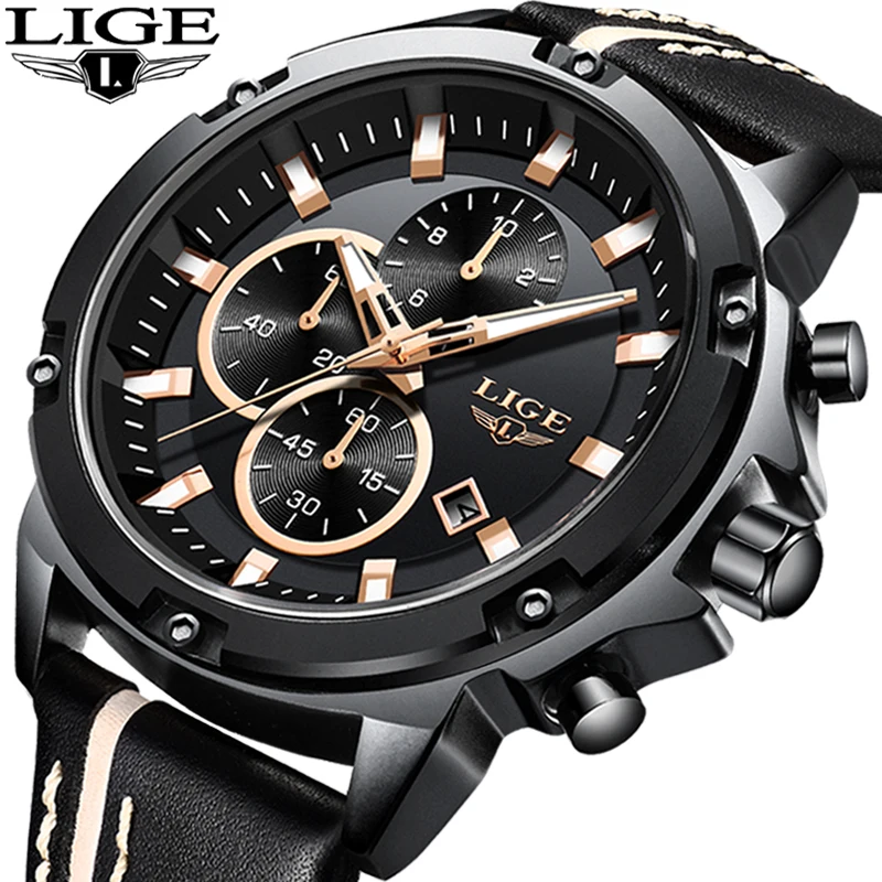 

LIGE New Mens Watches Top Brand Luxury Fashion Quartz Watch Mens Casual Leather Waterproof Military Sport Watch Waterproof clock
