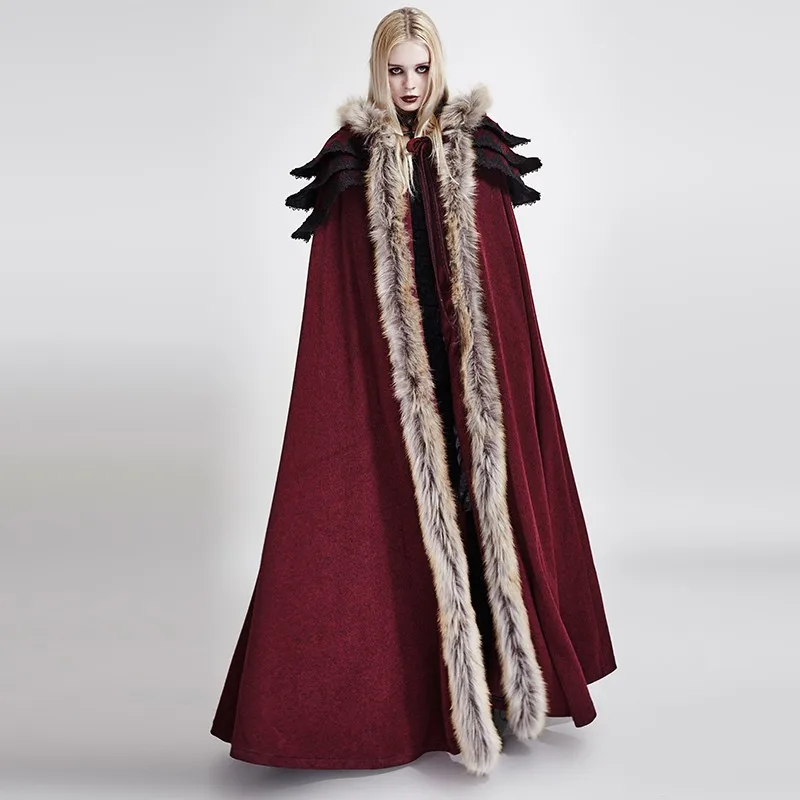 Готический Для женщин черный властный зима длинный плащ с меховой панк шерстяные пальто суд толстые пальто с капюшоном вельветовые накидки