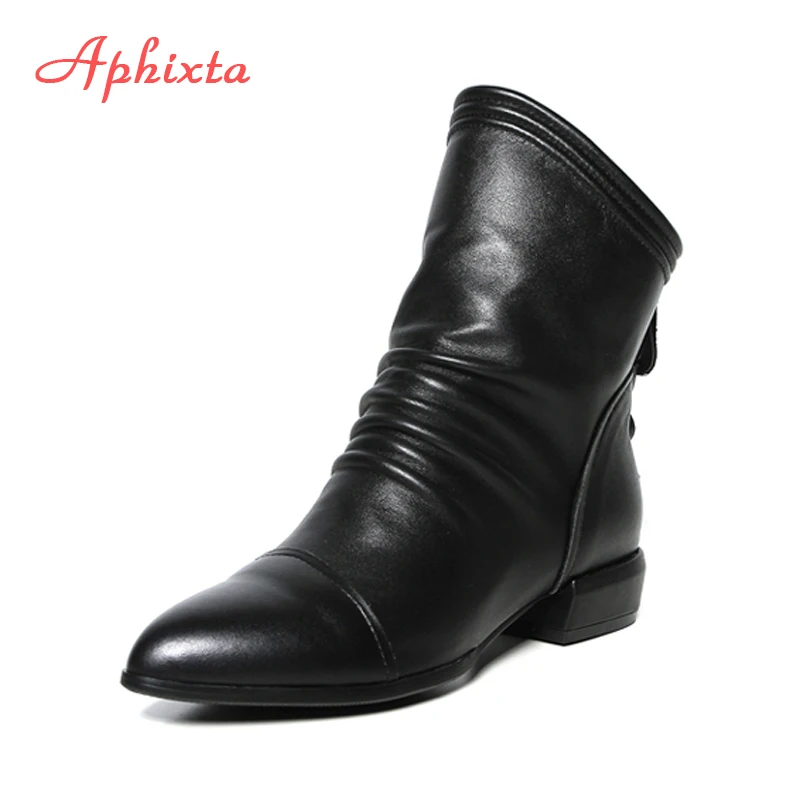 

Aphixta Women Chelsea Boots Shoes Woman Back Zipper Square Heel Round Toe Pleated Leather Gladiator Mid-Calf Boots Large Size 12