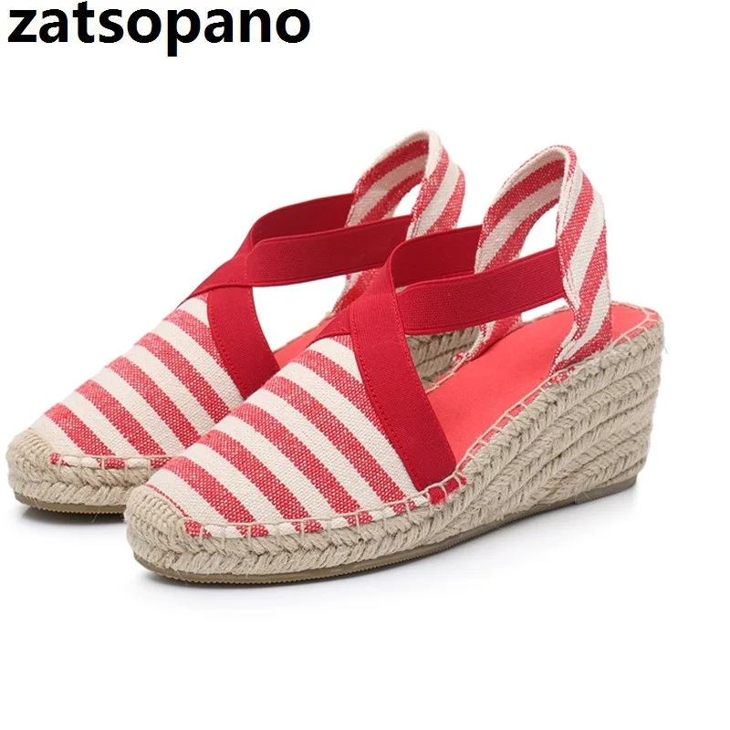 

Women Espadrilles Wedge Sandals Ankle Strap Summer Canvas Platform Wedges Fashion Stripes Slip On Women Platform High Heel Shoes