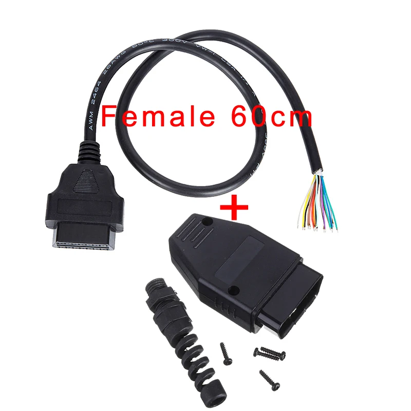 30 см/1,5 м 16 Pin штекер OBD2 II соединительный кабель+ OBD штекер+ Корпус+ SR+ винт удлинитель открывающийся кабель диагностический инструмент - Цвет: 60cm Female Plug