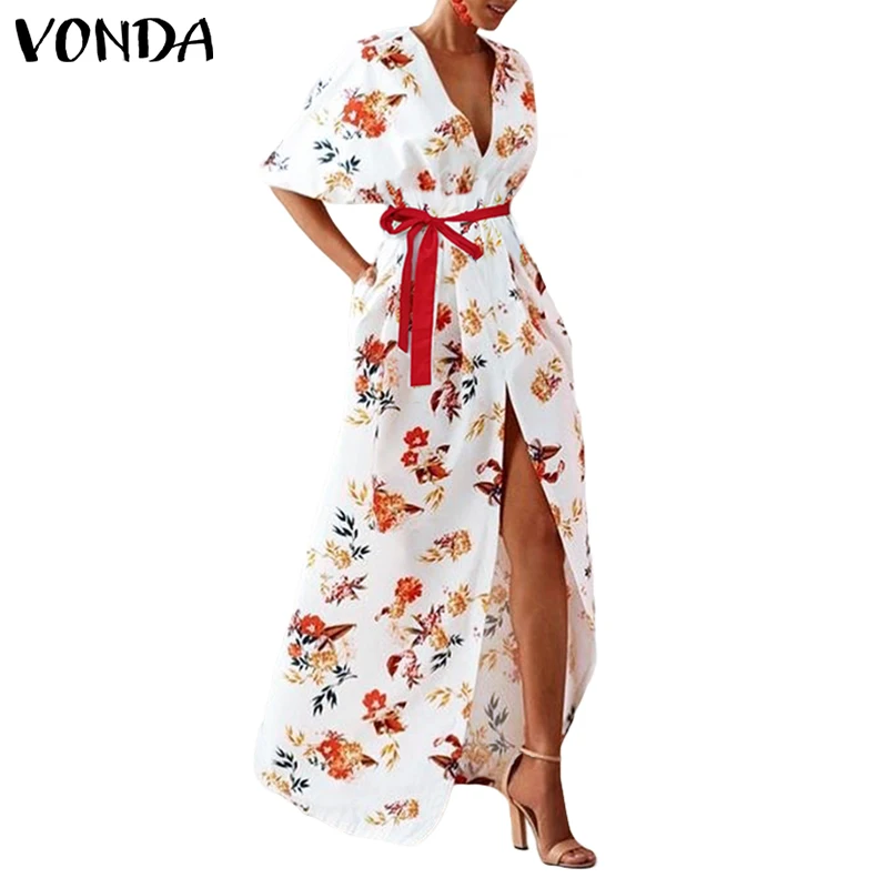 VONDA макси длинные платья осень лето винтажное платье с длинными рукавами Vestido Сплит пляжный Сарафан Плюс Размер 5XL
