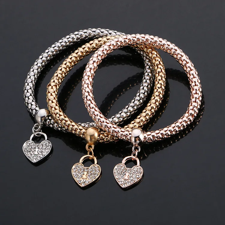 2016Hot New 3pcs/set Multilayer Bracelets Rhinestone Love heart/Butterfly/ Square Charm Bracelets For Women/Girls Fine Gift