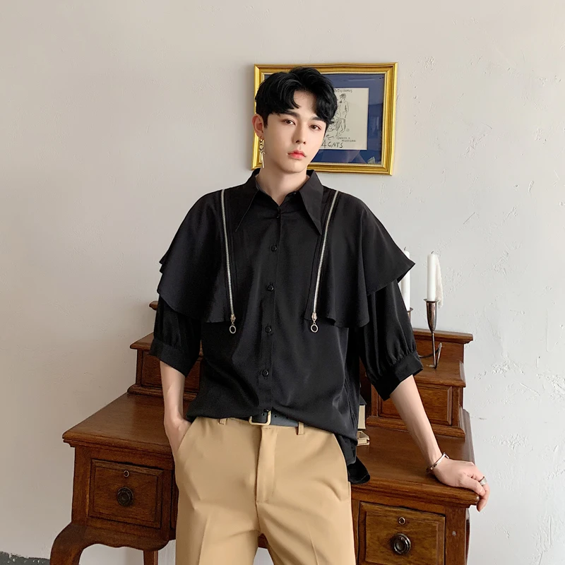 

Men Detachable Shawl Short Sleeve Casual Loose Black White Shirt Male Streetwear Hip Hop Party Dress Shirts Stage Show Costumes