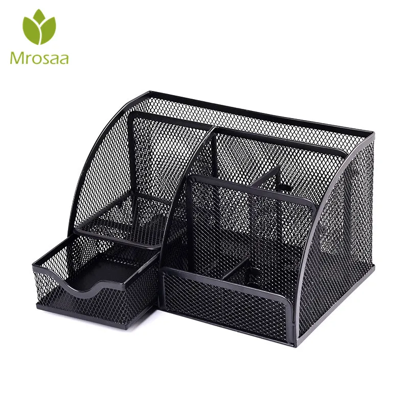 7 Cell Metal Mesh Desktop Office Pen Pencil Holder Iron Desk
