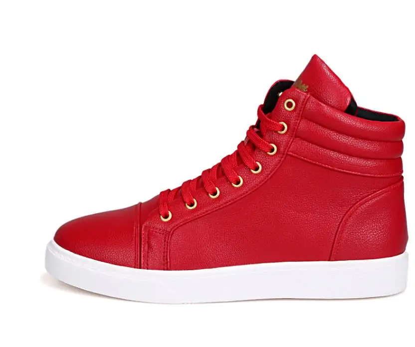 New Fashion High Top Casual Shoes For Men PU Leather Lace Up Red White Black Color Mens Casual Shoes Men High Top Shoes Retail