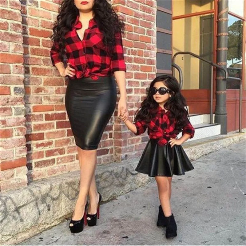 Toddler Kids Baby Girl Top Plaid T-shirt PU Skirt Dress 2PCS Outfits Clothes Set
