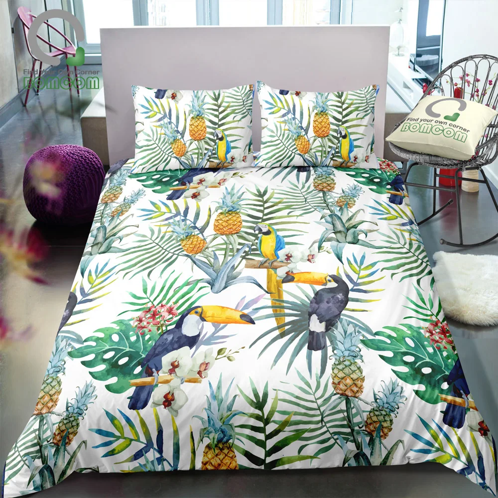 

BOMCOM 3D Digital Printing Tropical fruit Hawaiian palm leaves toucan bird pineapples white Duvet Cover Sets 100% Microfiber