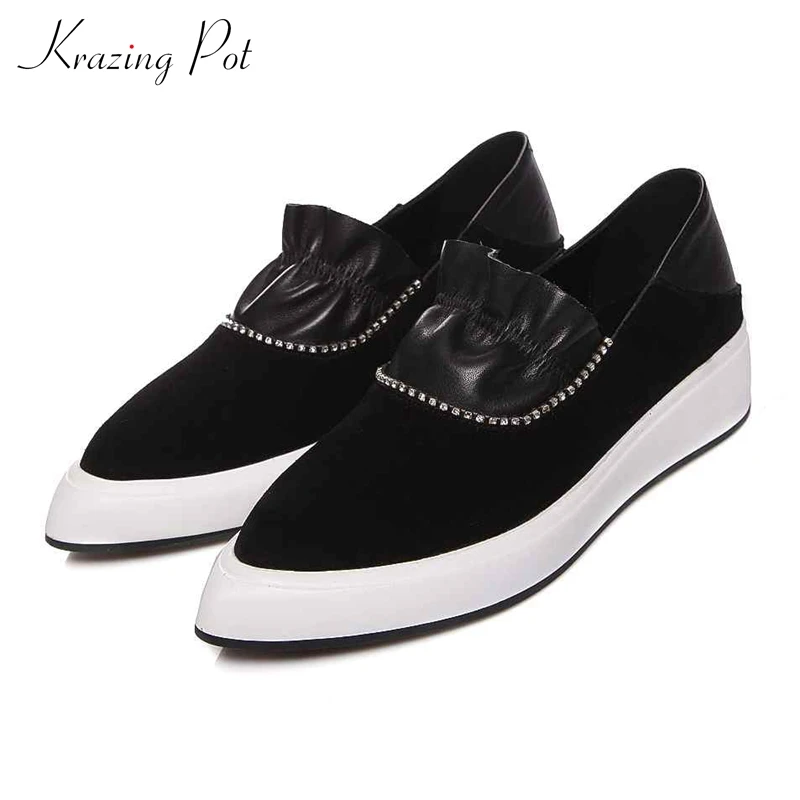 

Krazing Pot 2018 crystal cow suede flat platform superstar breathable pointed toe slip on ruffles lace work vulcanized shoes L11