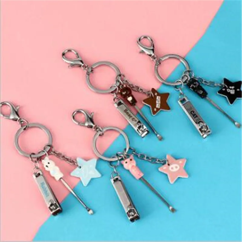 

WKOUD 1PC Car Keychain With Ear Spoon Nail Clippers Star key Ring Tuning Car Universal Women Bag Car Key Chain Gift