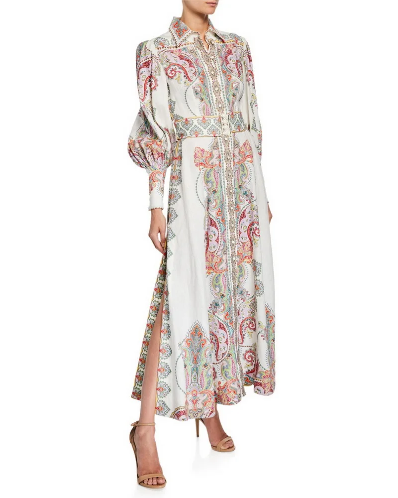 

European style women's belt dress Brand new 2019 autumn floral print long sleeves dress A338