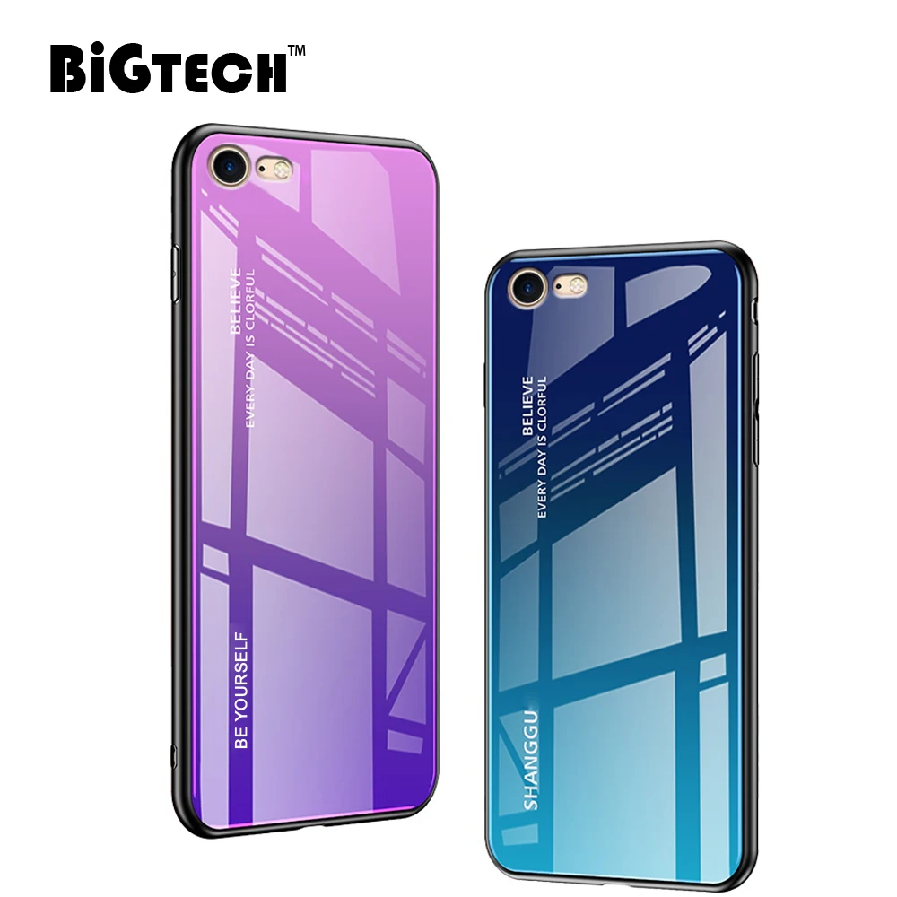 

BiGTech Colorful Tempered Glass Case for iPhone 8 6s 7 Plus Back Cover aurora TPU Soft Bumper for iPhone 6s i8 i7 Case 4.7 5.5