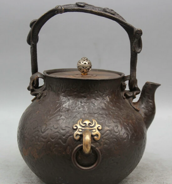

JP S0524 8" Archaic Japan Japanese Iron Palace Carve Portable Kettle Wine Tea Pot Flagon
