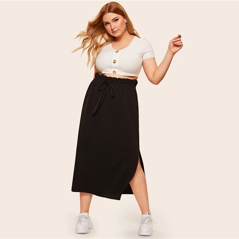 SHEIN, черная юбка размера плюс, с рюшами, на завязках, на талии, с разрезом сбоку,, Женская Весенняя Летняя Повседневная Длинная юбка макси с подолом